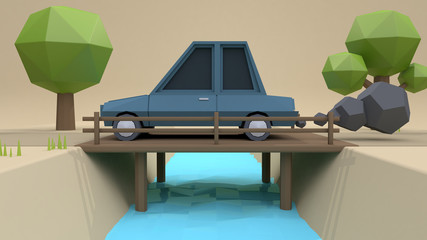low poly car cartoon style wood bridge country road 3d rendering