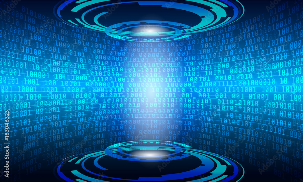 Poster Circuit Board With Binary Code Vector Background. Blue Abstract Elements Space Cyber Digital Security Number Hi Technology Concept Illustration.