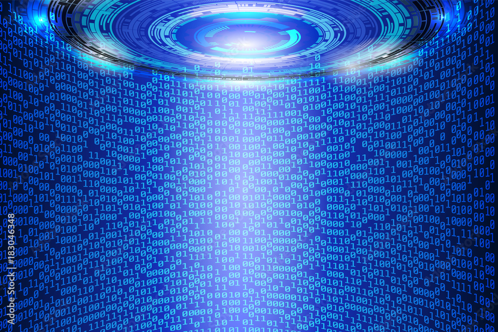Poster Circuit Board With Binary Code Vector Background. Blue Abstract Elements Cyber Space Digital Security Number Hi Technology Protection Concept Illustration.