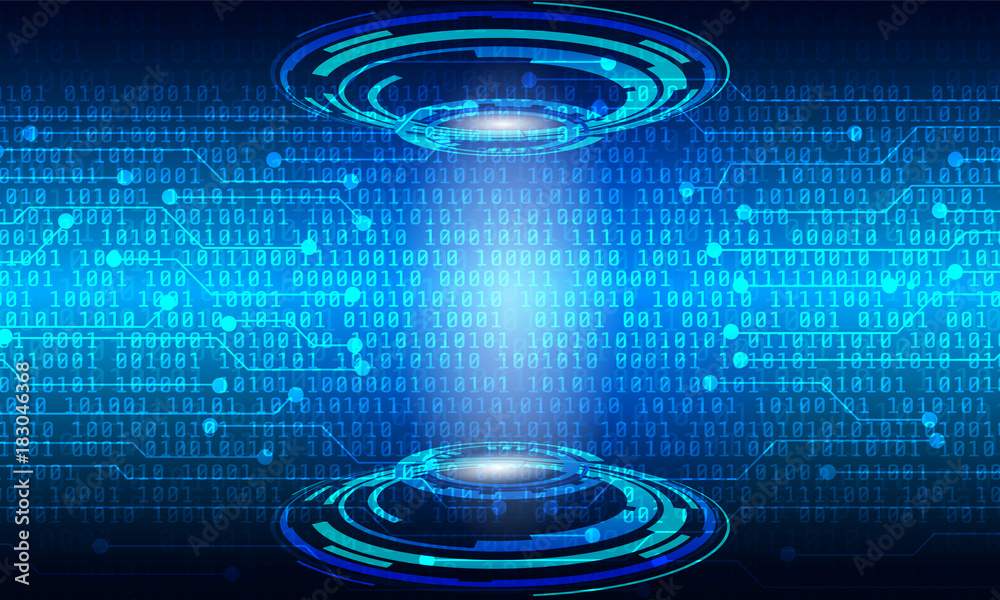 Poster Circuit Board With Binary Code Vector Background. Blue Abstract Elements Cyber Space Digital Security Number Hi Technology Concept Illustration.