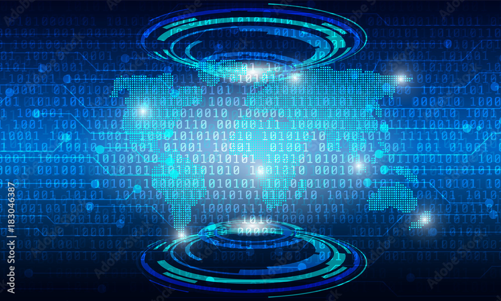 Poster Circuit Board With Binary Code Vector Background. Blue Abstract Elements Space Cyber World Map Digital Security Number Hi Technology Concept Illustration.