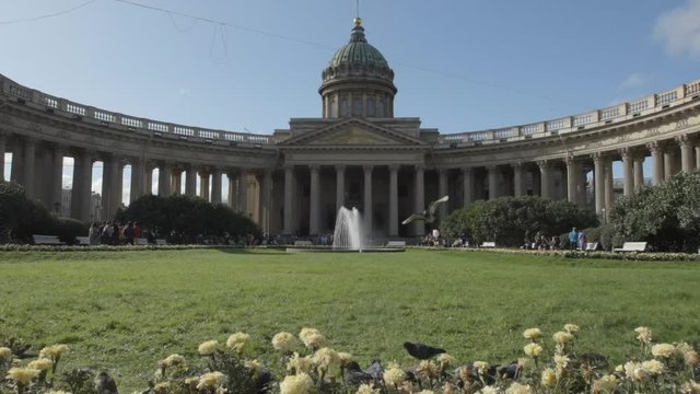 Pigeon fly in on the Kazan Cathedral background, Slow motion - St. Petersburg, Russia