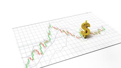 Money symbol gold stock exchange graph candlestick graph stock market currency and financial investor money background investment and money chart indicator copy space minimal concept 3D illustration