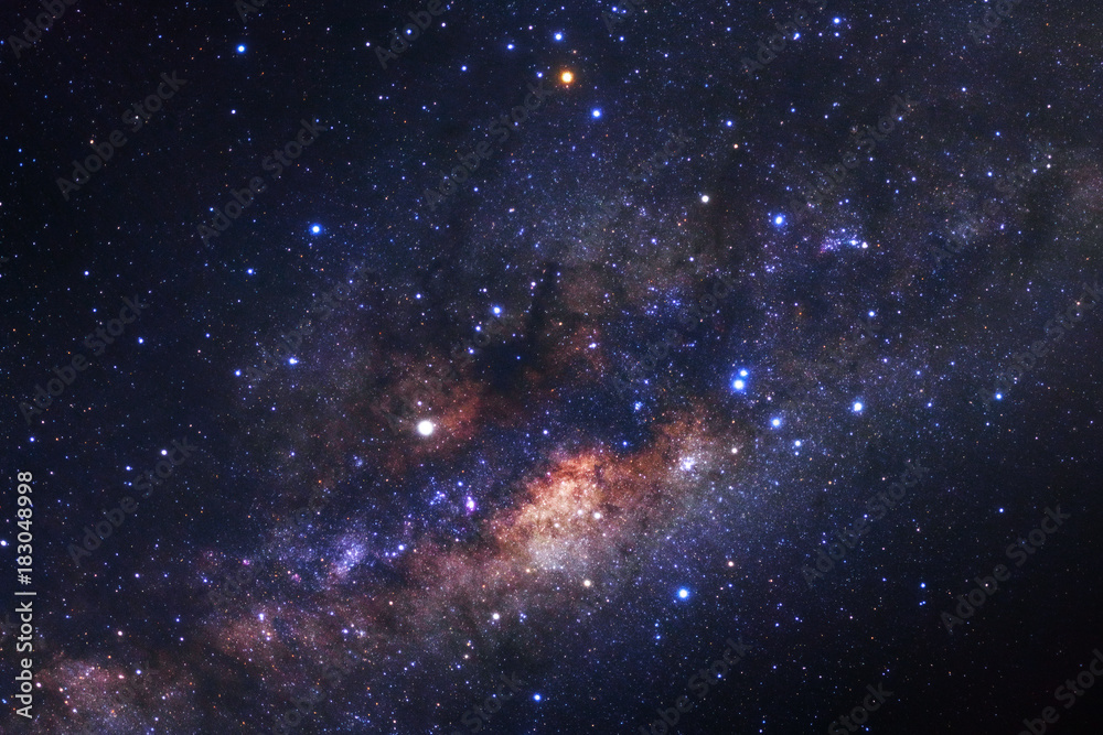 Wall mural milky way galaxy with stars and space dust in the universe, long exposure photograph, with grain.
