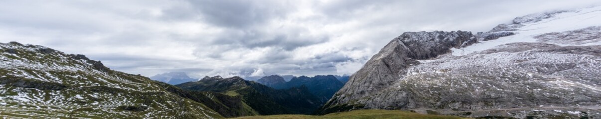 Fototapeta premium panorama view of the Marmalade and Pass Fedaia in the Italian Dolomites