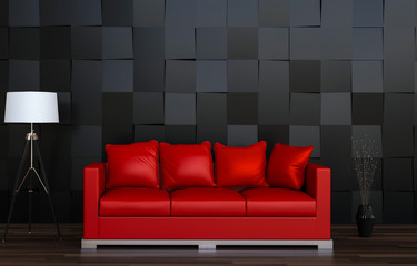 3D rendering of interior modern living room  with black room and red sofa