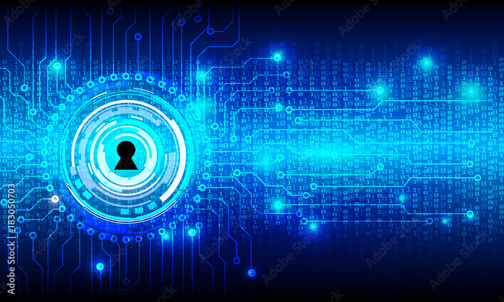 Poster Security Circuit Board With Binary Code Vector Background. Blue Hi Tech Abstract Circle Keyhole Panel Virus Protection Concept Illustration.