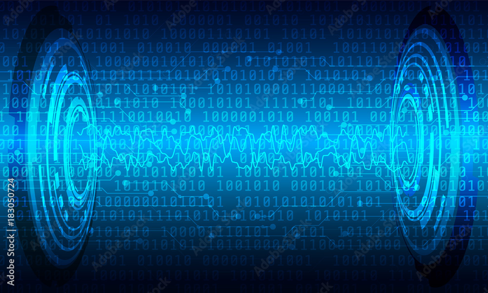 Aufkleber Security Circuit Board With Binary Code Vector Background. Blue Hi Tech Abstract Circle Panel Virus Protection Concept Illustration.