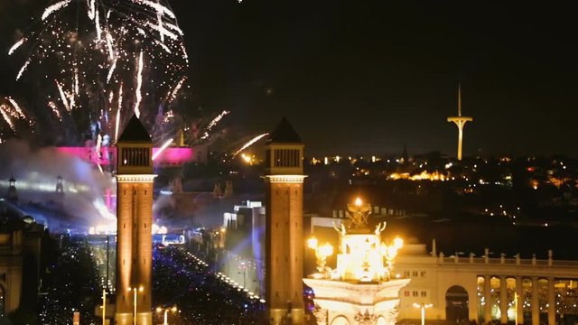 New Year celebrations with city lights at Placa Espana in Barcelona
