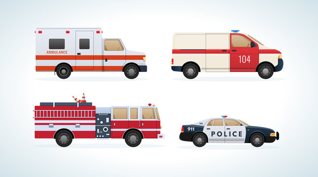 Cars, vehicles transport: fire service, ambulance machine, rescue service, police.