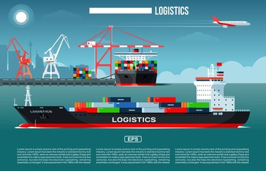 Fototapeta premium Cargo sea port with cargo freight ships & harbour port cranes also flying jet in the sky & city on background