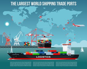 Cargo sea port with cargo freight ships & harbour port cranes also city, flying jet in the sky & world map on background infographics - obrazy, fototapety, plakaty