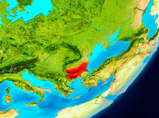 Fototapeta na wymiar Orbit view of Bulgaria in red