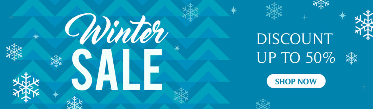 Winter sale banner vector illustration, snowflakes on abstract blue pattern background