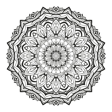 Monochrome geometrical vector mandala is isolated on a white background. Decorative element with east motives for design. Version of the page for colouring