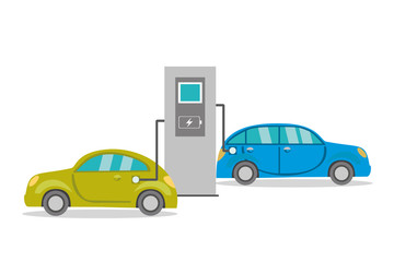 Cartoon electric cars on recharging,