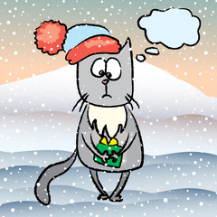 Sad cat in red hat,gift in hand,speech bubble template,