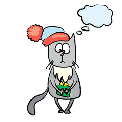 Sad cat in red hat,gift in hand,speech bubble template