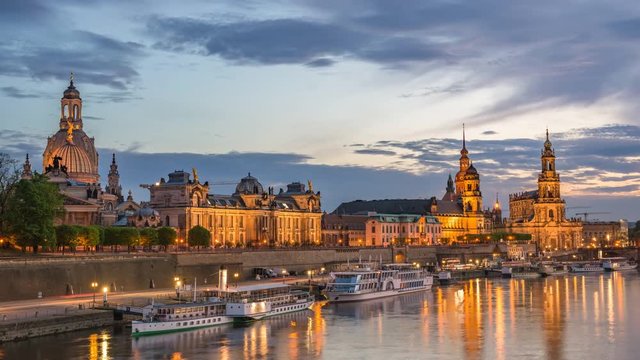 Dresden city skyline day to night timelapse at Elbe River, Dresden, Germany 4K Time lapse