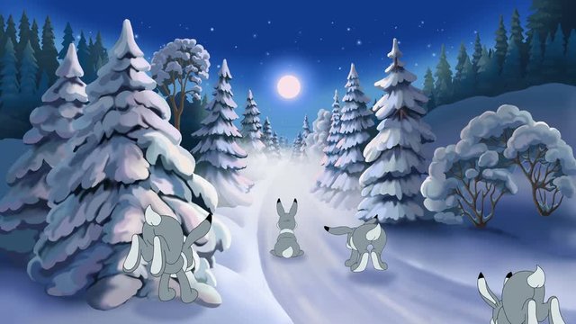 Merry Christmas in forest. Christmas animated card with hares and Santa Claus
