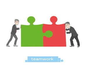 Business concept. Teamwork metaphor. Two businessmen connecting puzzle elements. Vector illustration flat style design. Combining two pieces. Symbol of working together, cooperation, partnership. 
