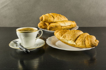 Coffee and croissant for breakfast. - obrazy, fototapety, plakaty