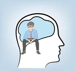 Thinker. A businessman sits in the head. vector illustration.
