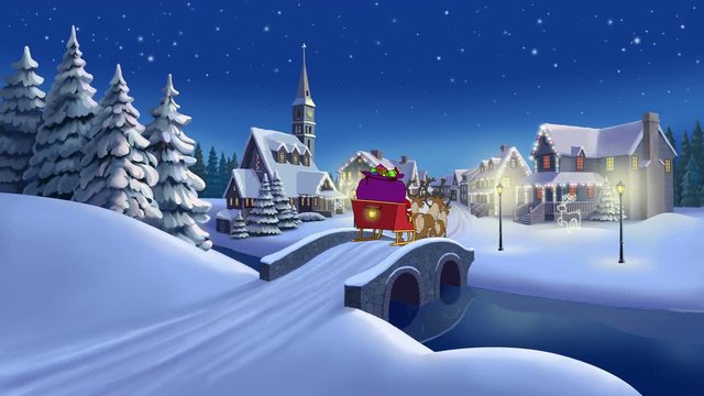 Santa Town Salute. Animation of Santa Claus and his Christmas reindeer in town
