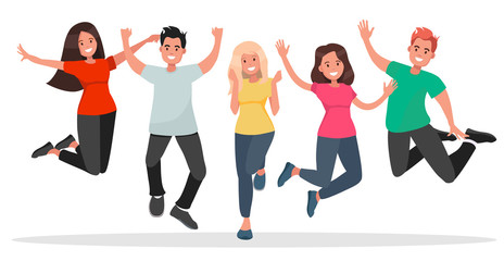 Group of young people jumping on white background. The concept of friendship, healthy lifestyle, success. Vector illustration in flat style.