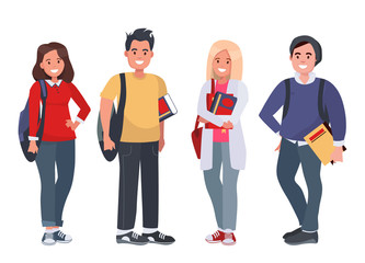 Obraz premium Szczęśliwi studenci z książkami na na białym tle. Młodzi ludzie z książkami i plecakami. Ilustracji wektorowych.