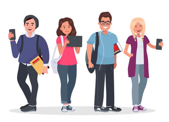 Obraz premium College students concept illustration. Young people with gadgets and backpacks. Modern teenagers with tablet and smartphones on white background.
