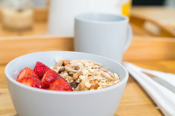 Breakfast table setting and food