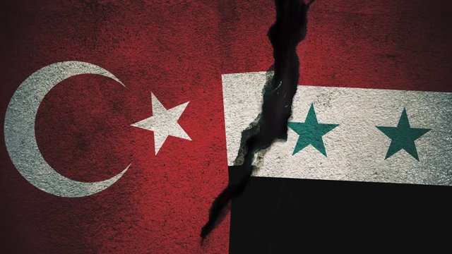 Turkey vs Syria Flags on Cracked Wall