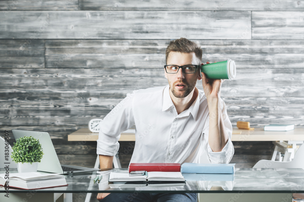 Poster Weird white suspicious businessman at workplace