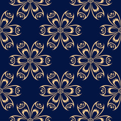 Golden flowers on blue background. Ornamental seamless pattern