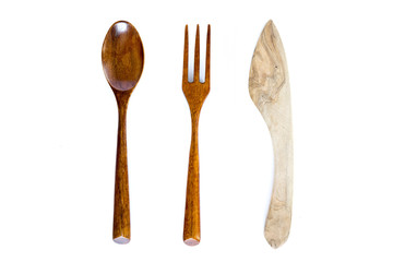 Wooden fork, knife and spoon on white background