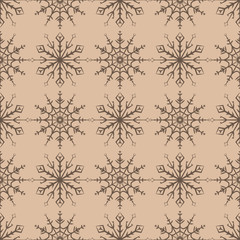 Snowflakes seamless pattern. Brown and beige background with christmas elements