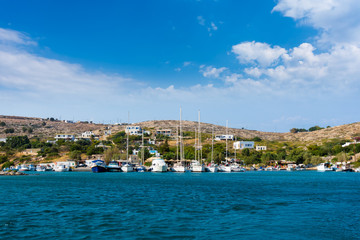 Fototapeta na wymiar The harbor of Arki island, Dodecanese, Greece