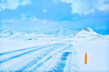A  road during a snowstorm, Snaefellsnes Peninsula, Iceland.