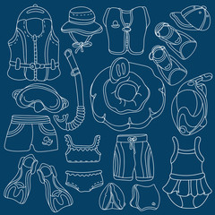 Doodle sketch swimming goods for kids. Vector illustration. Set.
