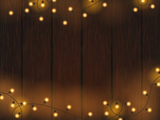 Christmas lights on wooden background . Glitter defocused golden vector illustration