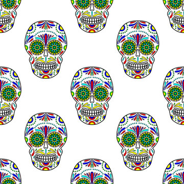 Day of The Dead colorful Skull with floral ornament. Seamless pattern. Mexican sugar skull. Vector illustration