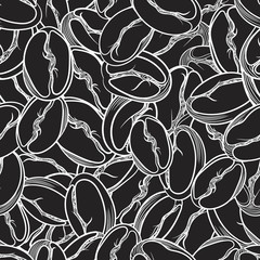 Seamless pattern of white coffee beans on black background. Vector