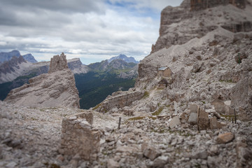 Tilt shift effect of  Cantore mountain hut  and first world war rear ruines, Fontananegra Pass,...