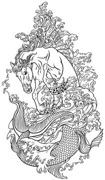 mythological sea horse hippocampus or hippocamp in the water. Outline vector illustration coloring page