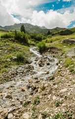 Creek in the grassland near Alpe di Siusi in the Dolomites