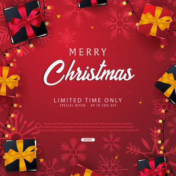 Marry Christmas and Happy New Year banner on red background with snowflakes and gift boxes. Vector illustration.