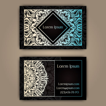 Luxury business cards with floral mandala ornament. Vintage decorative elements