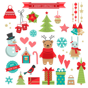 Set of christmas flat design objects . Vector