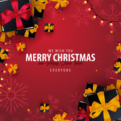 Marry Christmas and Happy New Year banner on red background with snowflakes and gift boxes. Vector illustration.